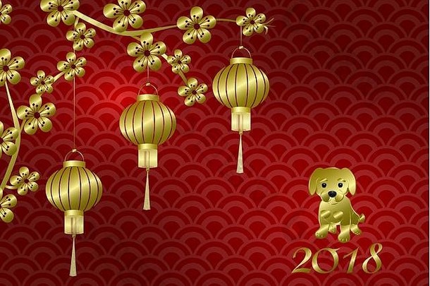 中国人一年程式化的铜青铜中国人灯笼樱桃分支狗樱花红色的背景插图