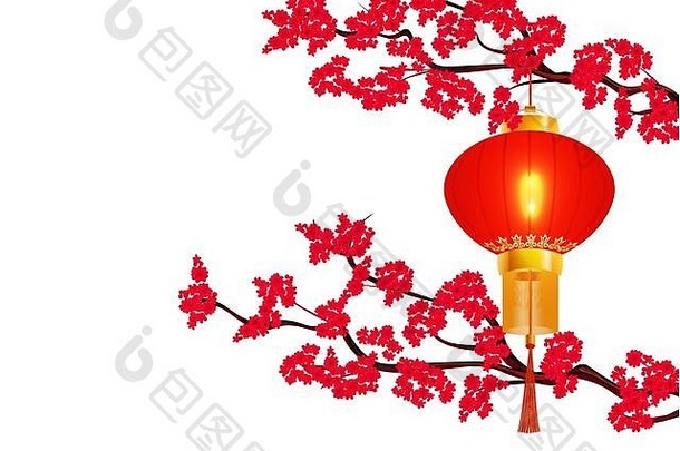 中国人一年分支机构盛开的红色的樱桃挂红色的中国人灯笼轮形式插图
