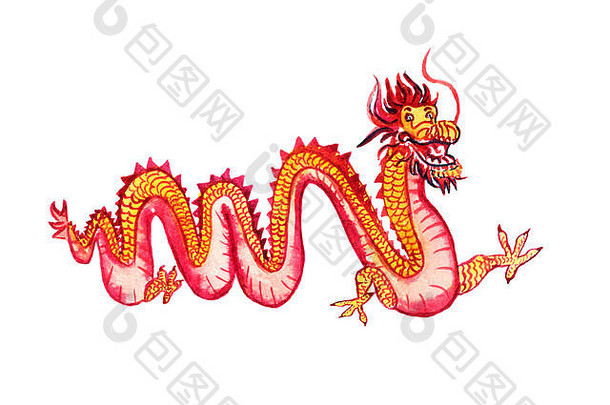 中国人长黄色的红色的龙孤立的白色