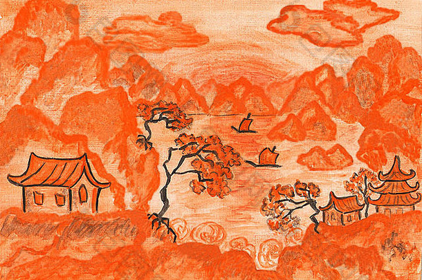 景观传统中国人艺术橙色颜色手画图片水彩画