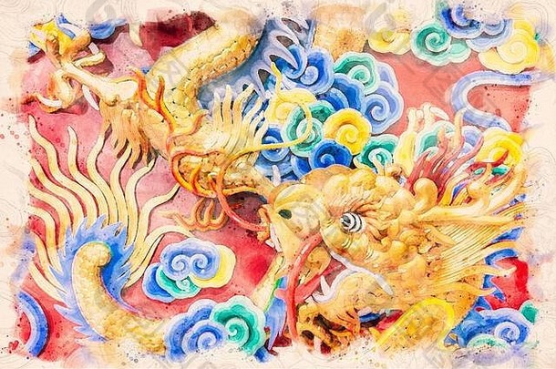 中国人龙插图水绘画效果亚洲艺术作品明信片设计
