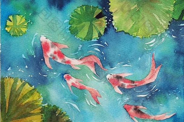 水彩手绘画锦 鲤鲤鱼鱼池塘象征好运气繁荣