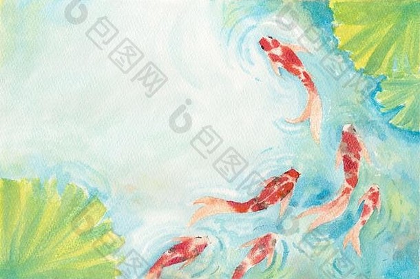 水彩手绘画锦 鲤鲤鱼鱼池塘象征好运气繁荣