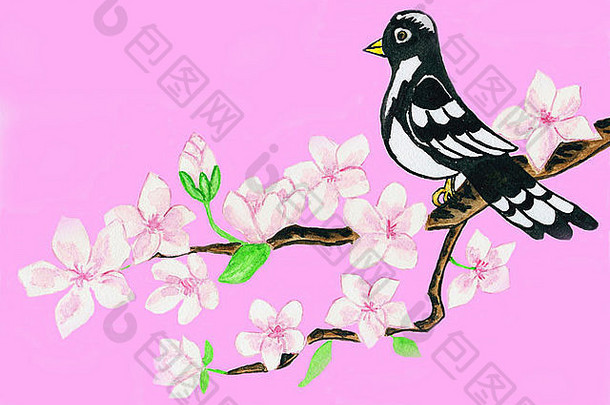 鸟分支白色花手画图片水彩画传统中国人艺术