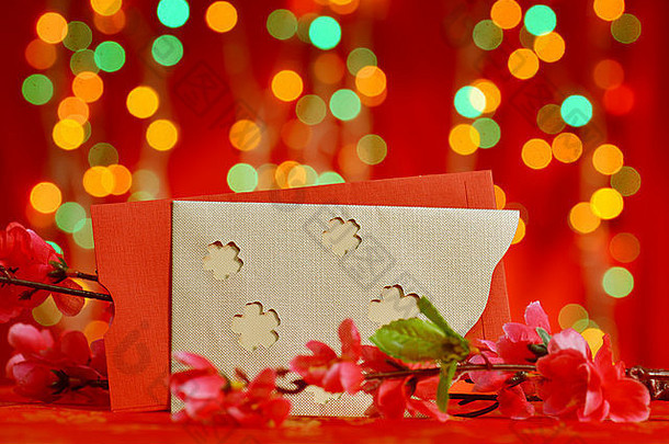 中国人一年节日装饰红色的包李子花红色的闪闪发光的背景
