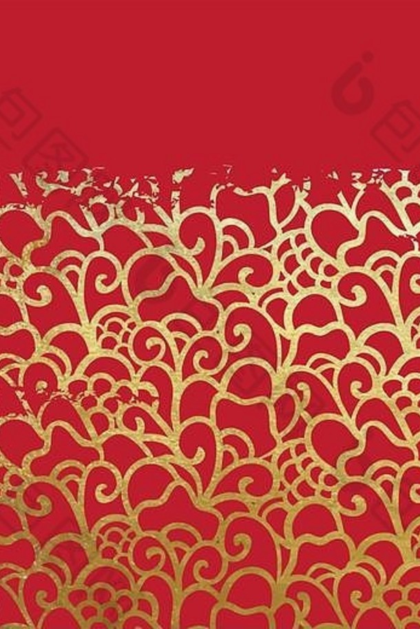 东方古老的摘要花模式垃圾真正的金油漆金属箔幸运的红色的花折纸纸古董挠黄金墨水
