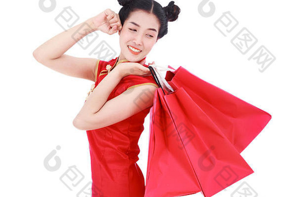 快乐女人持有购物袋中国人一年庆祝活动孤立的白色背景