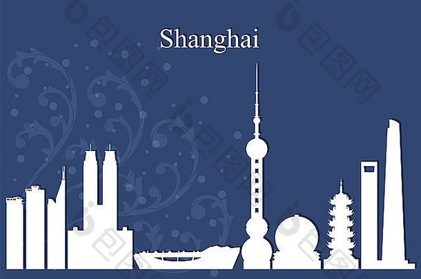 上海城市天际线轮廓蓝色的背景
