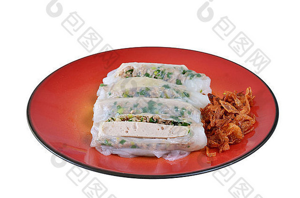 越南大米面条卷填充猪肉切片越南香肠蔬菜服务炸洋葱