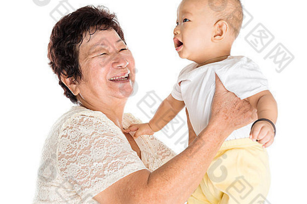 亚洲祖母孙子肖像孤立的白色背景
