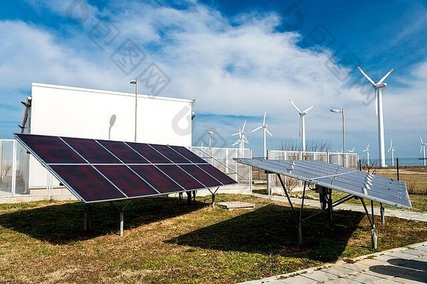 太阳能面板权力站风涡轮机背景概念可持续发展的资源