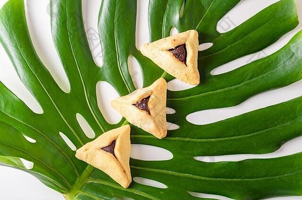 集团各种三角饼干哈曼塔申传统的餐犹太人假期普林节monstera叶叶盘子节约环境
