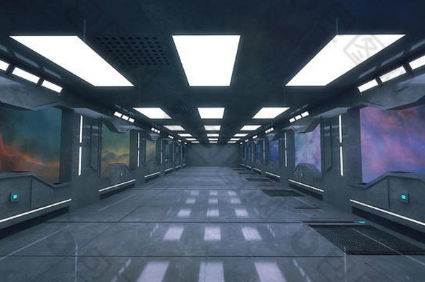 渲染未来主义的室内走廊体系结构