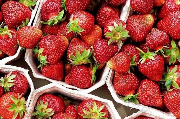红色的成熟的汁新鲜的有机草莓包装生态友好的纸纸板盒装批发存储市场运输航运