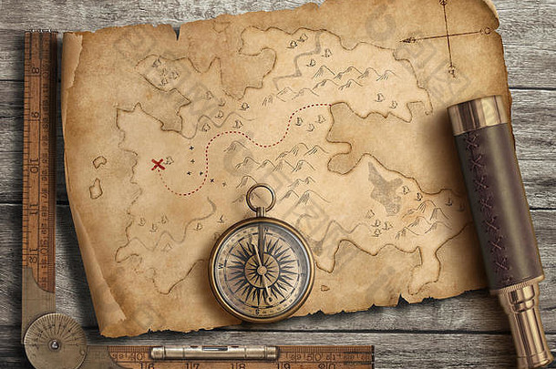 中世纪的岛地图指南针小望远镜冒险旅行概念插图