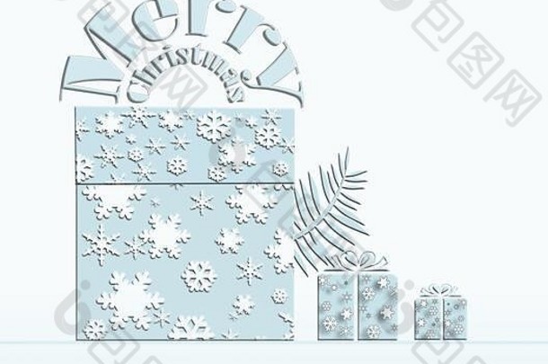 时尚的柔和的蓝色的白色冬天背景礼物盒子使银雪花文本快乐圣诞节节日优雅的模式别致的假期横幅复制空间插图