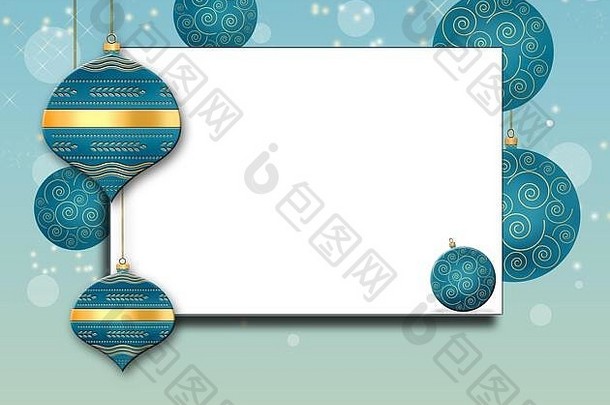 模拟优雅的圣诞节背景绿松石蓝色的球黄金点缀柔和的蓝色的背景文本快乐圣诞节复制空间的地方文本插图