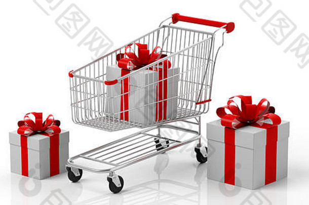 圣诞节<strong>购物</strong>礼物盒子白色红色的丝带<strong>购物</strong>车孤立的白色背景插图