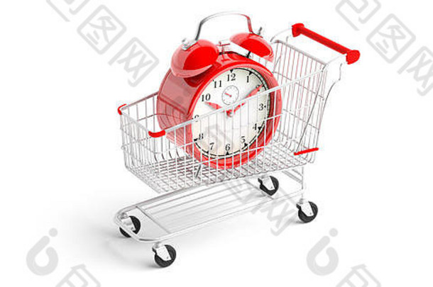 时间<strong>购物购物</strong>车红色的报警时钟孤立的白色背景插图