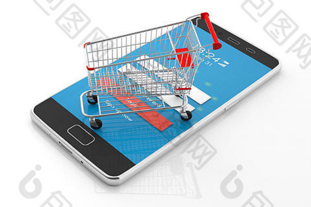 在线<strong>购物购物</strong>车空智能手机孤立的白色背景插图