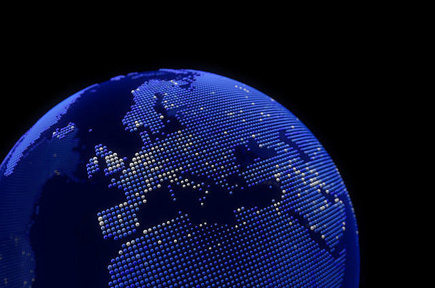 蓝色的点世界全球欧洲地图插图白色点城市黑暗背景