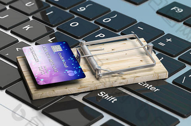 信贷卡鼠标陷阱电脑键盘背景在线购物插图