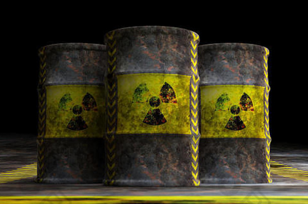 有毒浪费概念辐射象征石油桶黑暗背景插图