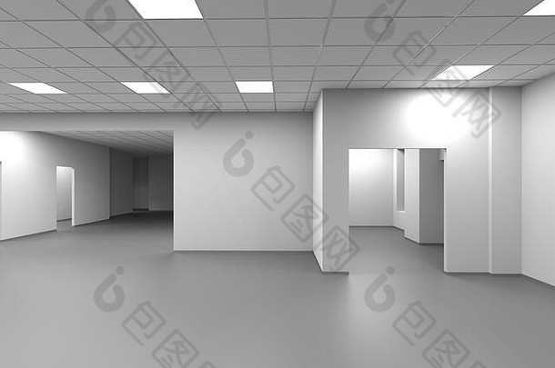 空开放空间办公室白色墙部分摘要空白室内背景呈现插图