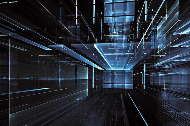 摘要未来技术背景计算机生成的图像分形艺术玻璃房间街超现实主义的城市光影响高新技术