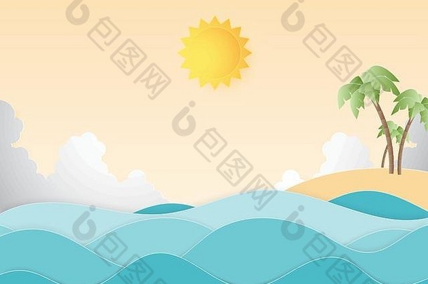 有创意的插图夏天背景概念纸减少风格景观海波海滩棕榈树夏天季节设计宣传册