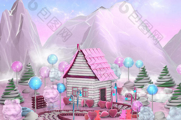 幻想食物景观甜蜜的糖果房子包围棒棒糖糖果拐杖焦糖糖果土地插图