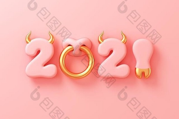 数字牛角蹄鼻子环粉红色的背景概念中国人一年插图