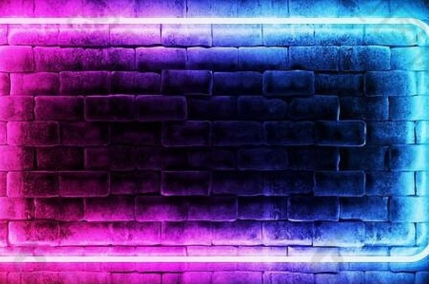 现代未来主义的霓虹灯俱乐部蓝色的经典紫色的矩形管点燃空空间难看的东西石头用砖详细的墙房间壁纸背景