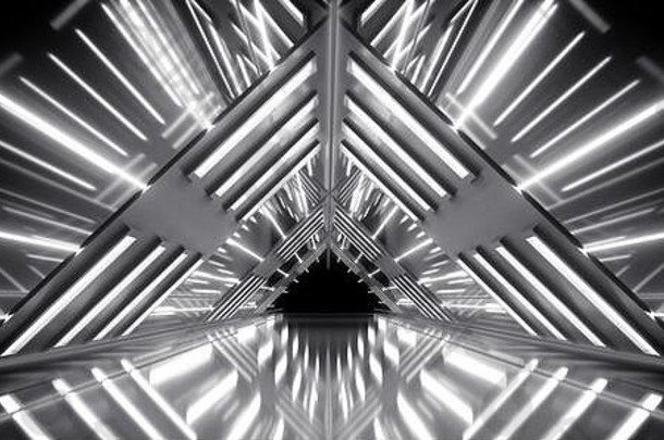 空未来主义的领导霓虹灯白色电sci三角形形状的高度反光走廊隧道地下白色光条管渲染