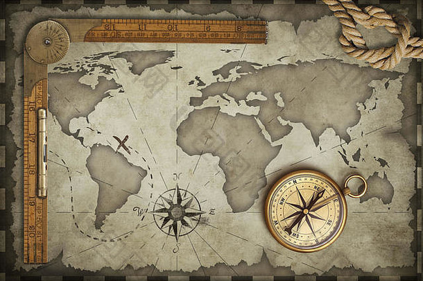 地图背景指南针绳子统治者冒险旅行概念插图