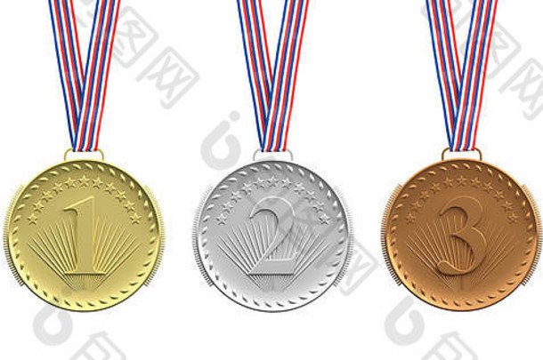 集奖牌金银青铜孤立的白色背景插图
