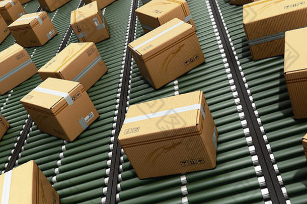 现代包交付包装服务包裹运输系统概念纸板盒子输送机渲染