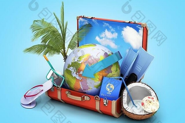 现代夏天旅行概念手提箱全球内部配件夏天假期渲染蓝色的梯度