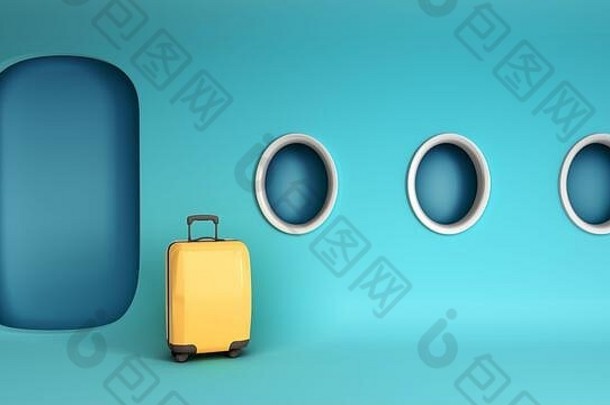 简单的飞机旅行概念黄色的手提箱简约蓝色的飞机小屋渲染图像