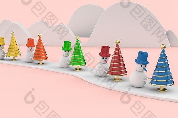 快乐圣诞节明信片雪人一点点圣诞节树呈现插图