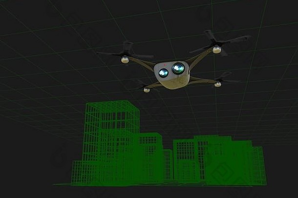 现实的直升飞机相机飞行虚拟城市插图