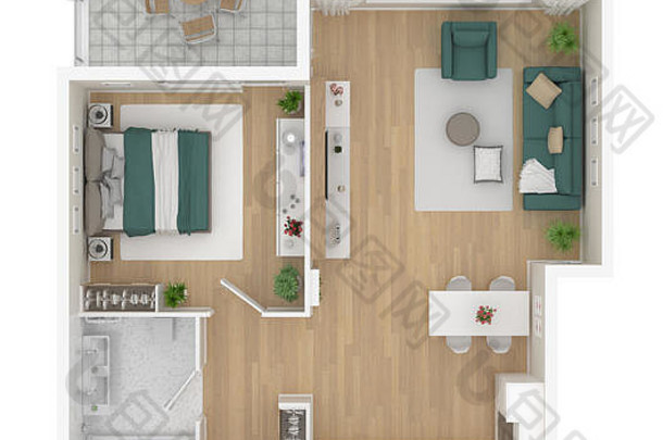 地板上计划前视图公寓室内孤立的白色<strong>背景</strong>渲染