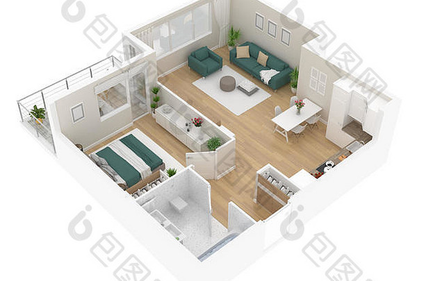地板上计划前视图公寓室内孤立的白色<strong>背景</strong>渲染