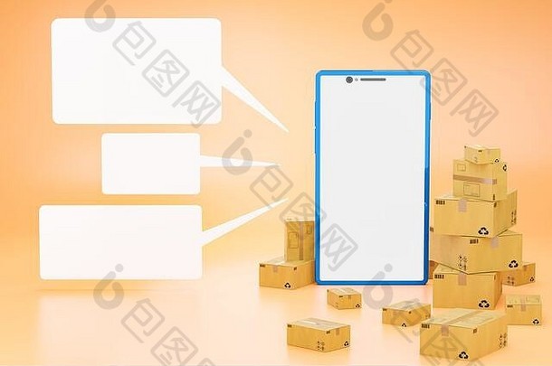 棕色（的）纸板盒子白色空白文本盒子蓝色的智能手机明亮的橙色背景概念在线购物applicatio
