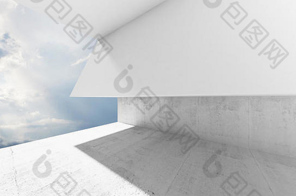 空白色混凝土室内云窗口现代极简主义体系结构背景渲染插图