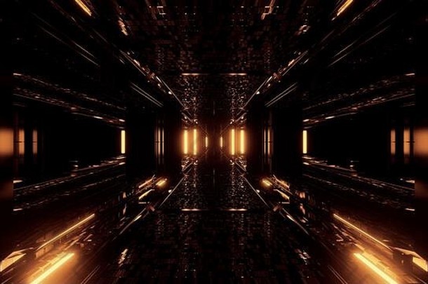 插图背景未来主义的科幻隧道走廊美丽的反射发光的灯艺术作品设计