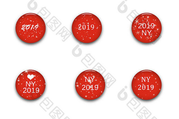 快乐圣诞节一年节日设计轮红色的玻璃按钮snoflakes孤立的白色背景集插图