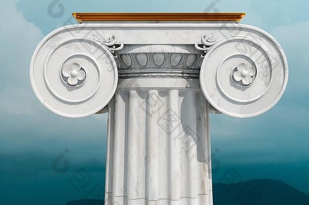 渲染希腊列离子风格古老的希腊支柱雷声云背景