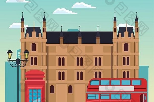 伦敦风景建筑电话盒子公共汽车天空背景