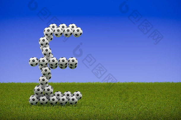 渲染经典黑色的白色足球球形成英镑标志草蓝色的天空背景大业务腐败体育足球
